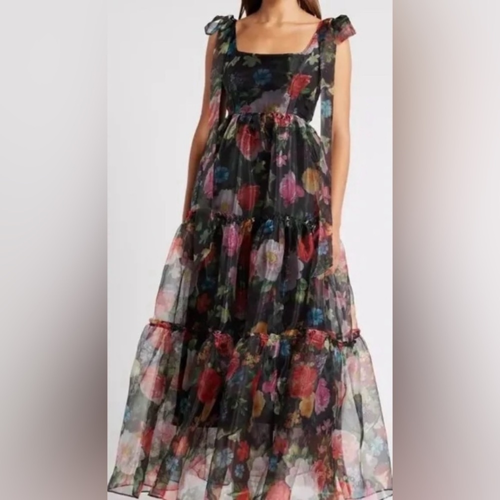 Chelsea28 Black and Multicolor Floral organza Maxi Dress - Picture 4 of 9